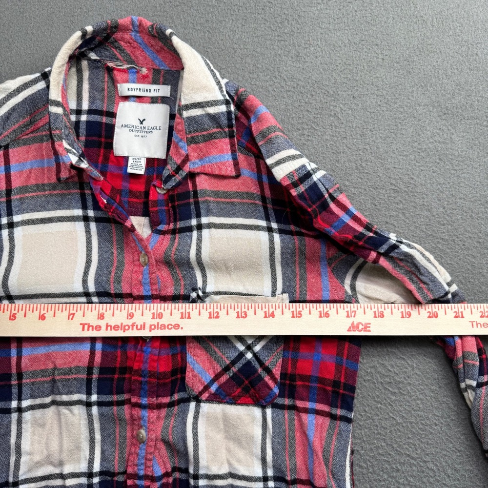American Eagle Plaid Shirt Women XS Red Boyfriend Fit Flannel Button Up Soft - Picture 4 of 10